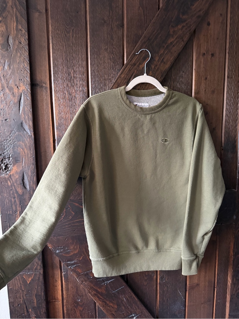 Champion Olive Green Crewneck Sweatshirt Small Embroidered Logo Pullover
